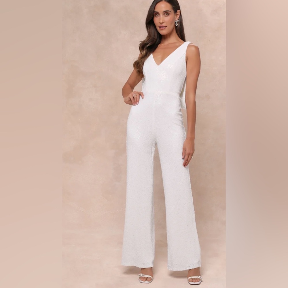Lulu's White Sequin Jumpsuit with Giant Bow - Picture 2 of 6